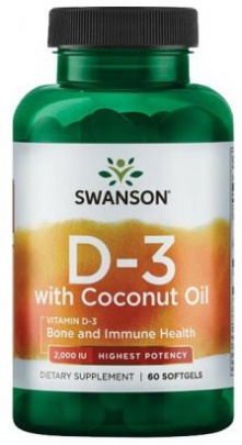 Swanson Vitamín D3 s kokosovým olejom 2000 IU 60 kapsúl PREŠLA DMT (3/2023)
