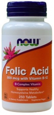 Now Foods Kyselina listová (Folic Acid) s obsahom vitamínu B12 800 μg 250 tabliet