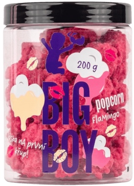 BIG BOY Flamingo popcorn - Popcorn v bílé čokoládě s malinovým prachem 200 g PREŠLA DMT 11.9.2024