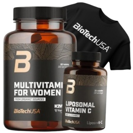 BioTechUSA Multivitamín For Women from organic sources 60 tabliet + Liposomal Vitamín C 30 kapsúl + tričko ZADARMO
