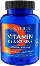 NATIOS Vitamin D3 & K2 (MenaQ7 MK-7) 5000 IU & 200 mcg 100 kapslí